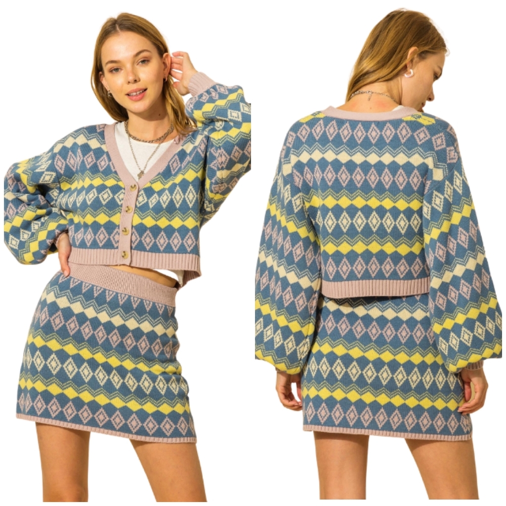 Vintage Chic Geometric Argyle Print Chic 2-Piece Sweater Skirt Set - Picture 2 of 7